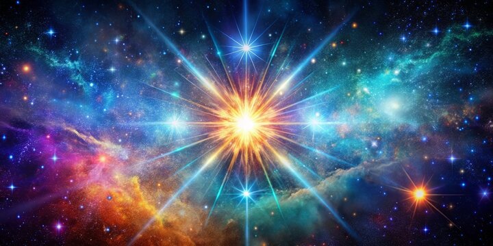 Glittering starburst with iridescent sparkles, bold colors, high contrast, dramatic lighting, sense of movement, and futuristic tone, set against a deep space-inspired nebula background.
