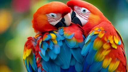 Fototapeta premium Colorful macaw parrots showing affection toward each other. --ar 16:9 --v 6.1 Job ID: c1f81c30-9085-4b91-9a01-3e27bc254a8b