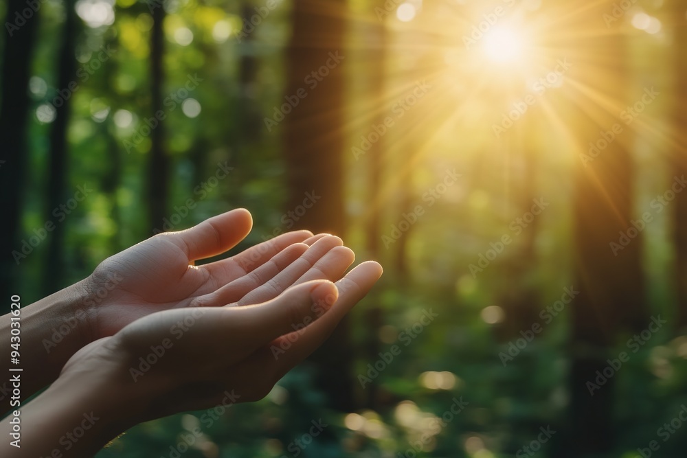 Wall mural sunlight filtering through forest onto open hands