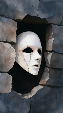 A white, cracked mask peeks through a hole in a stone wall, creating an eerie and mysterious atmosphere, symbolizing hidden identities.