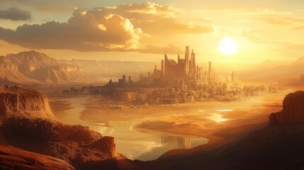 Golden City in the Desert at Sunset