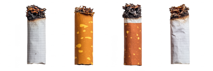 Cigarette butts in different stages representing smoking and health issues transparent background