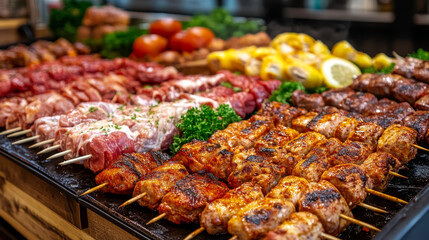  The 3D render showcases a well-organized butcher shop displaying a variety of meats ready to cook. The scene includes fresh chicken cuts, such as whole chickens and breasts, arranged neatly 