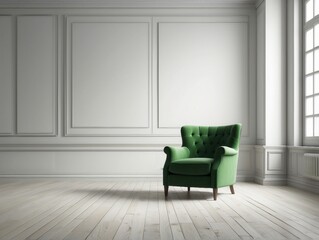 Green Upholstered Armchair in a Room with White Walls and Wood Flooring