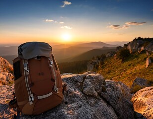 backpack rocky mountaintop sunset high resolution high details vibrant