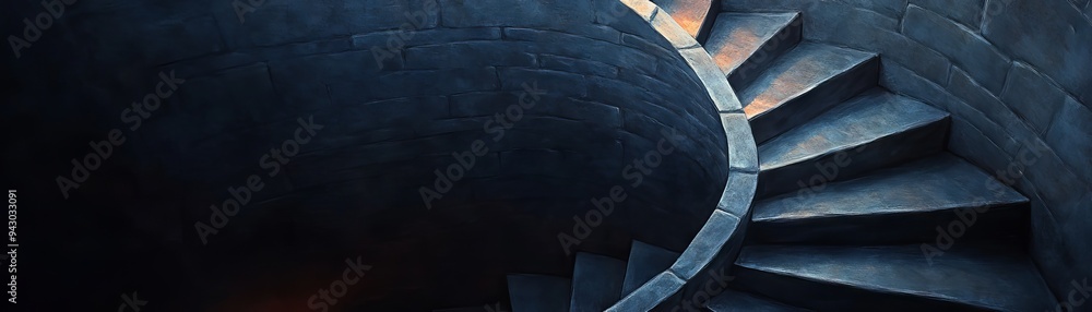 Poster dark, spiraling staircase with light at the top, creating a mysterious and dramatic atmosphere. perf