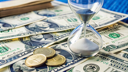 An hourglass filled with sand is placed on top of a stack of dollar bills and scattered coins, highlighting the interplay between time management and financial decision-making