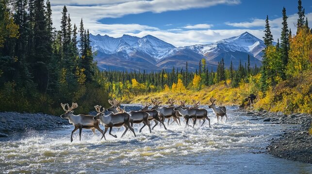 Herd Of Caribou Crossing A River