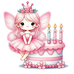 Cute fairy sitting on a pink birthday cake with three lit candles, perfect for children's party invitations and decorations.