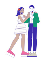 High school sweethearts dancing 2D cartoon characters. Prom party boy girl diverse. Gown formalwear adolescent couple isolated people flat vector on white background. Spot illustration colorful