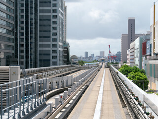 Tokyo, Japan -August 27, 2024: Rail of Yurikamome Line, automated guideway transit service in Tokyo, Japan