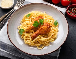 linguine pasta fried chicken liver top view high resolution high details vibrant