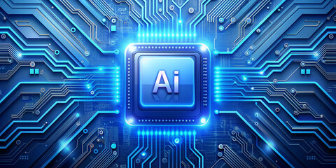 Technology Blue CPU computer microchips with AI in the center top view full length isolate on transparency background PNG