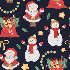 Seamless pattern with cute Santa Claus, snowman and gift bag. Vector holiday texture in flat style. Suitable for wallpaper, wrapping paper, fabric, etc