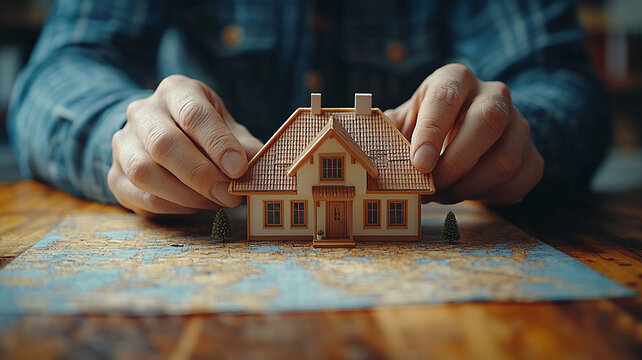 Close-up of an insurance adjuster analyzing a home insurance claim with a small house model on the table, office background, 3D animation render.