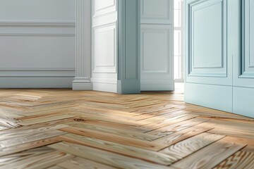 Naklejka premium Simple minimalistic empty room with wooden floor, green wall and white door. Suitable for various projects, concepts. Design for displaying product. Modern minimalist interior. Copy Space