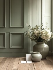 Elegant interior design moodboard with oak flooring, ceramic vases, and stacked plates