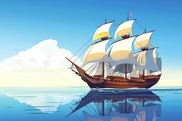 A Tall Ship with White Sails on a Calm Sea with a White Cloud in the Sky