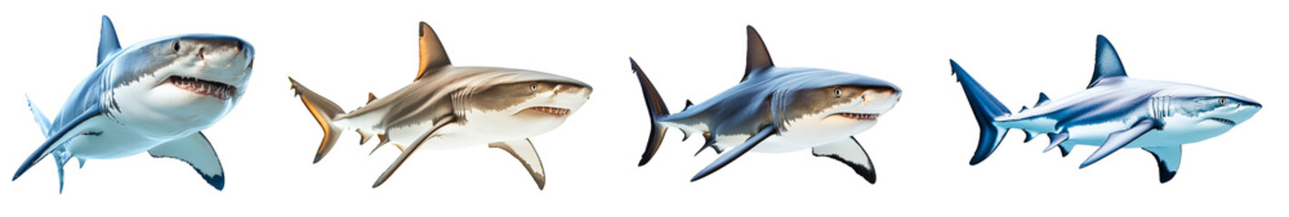 Fototapeta premium Great white sharks in various dynamic swimming poses transparent background