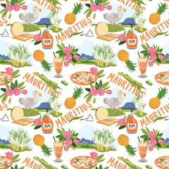 Seamless pattern with Mauritius landmarks in flat style. Vector sugar cane, Mount Peter, Dodo bird, Trochezia budoniana flowers, pineapple, falooda, millionaire salad, Sega music instruments