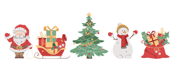 Set of Christmas illustrations on white background. Santa Claus with sleigh, Christmas tree, snowman and gifts. Suitable for design of cards, banners, stickers, etc