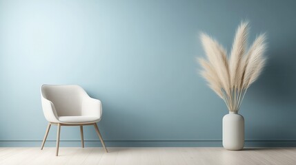 A white chair sits in front of a wall with a blue background. The room is simple and clean, with a minimalistic design