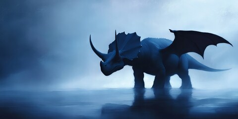 Mystical creature blending a dinosaur and bat in a foggy, blue-toned landscape, evoking a sense of fantasy and mystery.