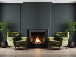 Fototapeta premium Green Armchairs Flanking a Fireplace in a Dark Room