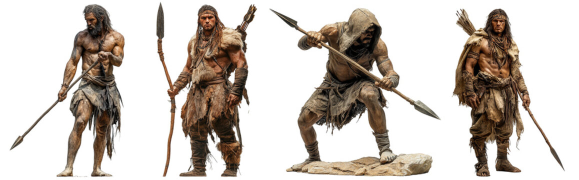 Prehistoric cavemen with spears dressed in primitive clothing ancient warriors transparent background