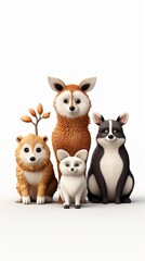 Naklejka premium Enchanting 3D Woodland Creatures: Whimsical Watercolor Illustrations for Children's Storybooks. Bear, Raccoon, Fox, Hare, Squirrel, Hedgehog, and Deer in Playful Poses. Perfect for Book Covers, Market