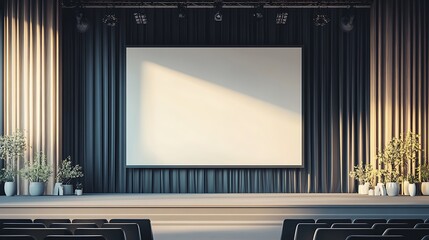 Empty Business Conference Stage with Expansive Blank Screen and Minimalist Decor for Presentations