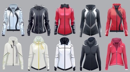 A contemporary collection of women's athletic jackets in vector format, showcasing sleek designs...