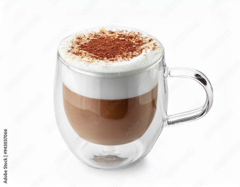 Wall mural foamy coffee cappuccino with wiped milk and coco powder on top, in double glass mug isolated on whit