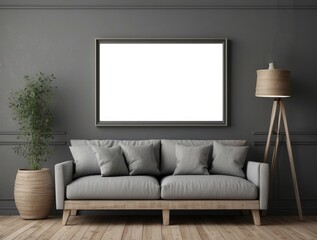 Grey Sofa with Wooden Legs and a Black Frame in a Grey Room