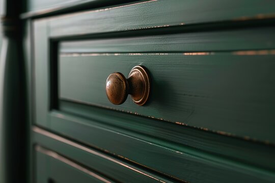 Front kitchen wooden frame cabinet door and drawers. Closeup Green Kitchen with wooden cabinet door, brass door handles, furniture base set. Trendy interior units. Home improvement concept. Samples.