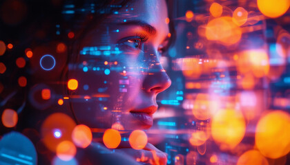 A futuristic, artistic image of a woman gazing thoughtfully at a digital interface