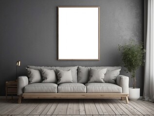 Minimalist Living Room with Grey Sofa and Blank Canvas
