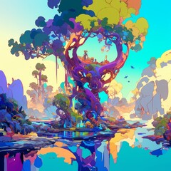 Vibrant Surreal Fantasy Landscape: Whimsical Abstract Composition with Dynamic Elements and Playful Shapes. Colorful AI-Generated Artwork for Marketing, Web Design, and Promotional Campaigns. Elegant 