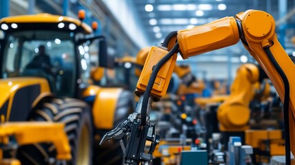 Factory assembly of tractors with workers and robotic arms, industrial farming, machinery production