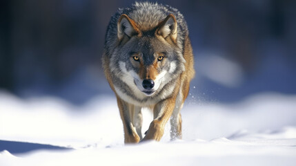 Naklejka premium The gray wolf (Canis lupus) is a powerful and potentially dangerous animal known for its strength and fierce demeanor. --ar 16:9 --v 6.1 Job ID: 58a3f8c2-b5fc-407b-b816-aac88636b1be