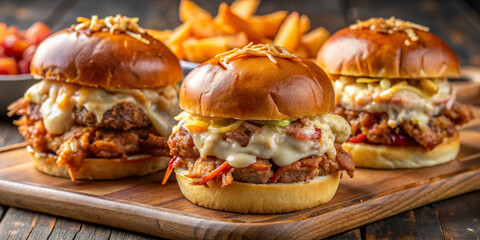 Three sliders with cheese and bacon, pulled pork and a crab cake served on buns, with a side of fries
