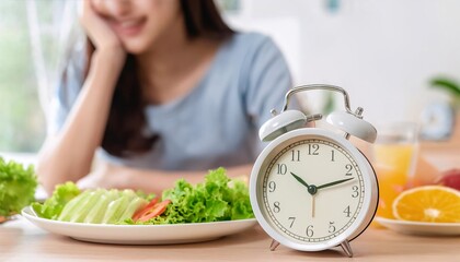 Close up on clock and people feeling hungry waiting time to eat during intermittent fasting diet session, Intermittent fasting concept.