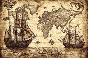 Two Ships Sailing on a Vintage World Map with Compass Roses