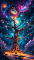 Illustration of The Ancient Cosmic Tree Glowing with Radiant Light. A Majestic Cosmic Network Spanning the Universe, Interconnected by Luminous Nebulae and Energy Threads. Cosmic Energy.