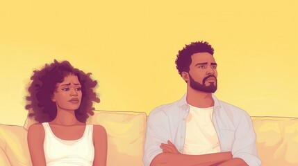Obraz premium A man and woman are sitting on a couch, with the man looking away and the woman looking at him