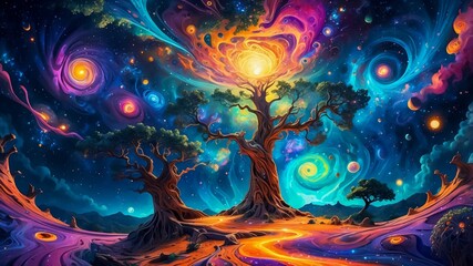 Illustration of The Ancient Cosmic Tree Glowing with Radiant Light. A Majestic Cosmic Network Spanning the Universe, Interconnected by Luminous Nebulae and Energy Threads. Cosmic Energy.