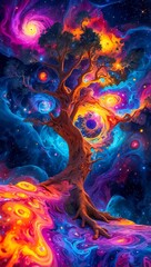 Illustration of The Ancient Cosmic Tree Glowing with Radiant Light. A Majestic Cosmic Network Spanning the Universe, Interconnected by Luminous Nebulae and Energy Threads. Cosmic Energy.