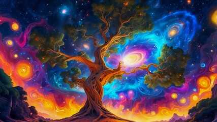 Illustration of The Ancient Cosmic Tree Glowing with Radiant Light. A Majestic Cosmic Network Spanning the Universe, Interconnected by Luminous Nebulae and Energy Threads. Cosmic Energy.