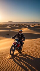 A Rugged Dakar Adventure Bike with a Rider. Vast Desert Rally. Crossbike. Paris Dakar Bike Race. Enduro Tour. Enduro Bike. Crossing the Desert with Motorbike.