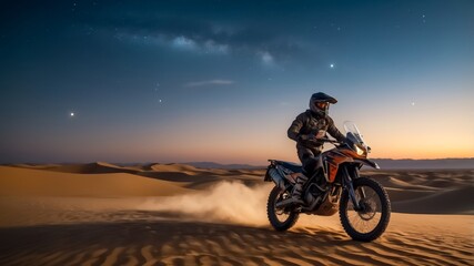 Obraz premium A Rugged Dakar Adventure Bike with a Rider. Vast Desert Rally. Crossbike. Paris Dakar Bike Race. Enduro Tour. Enduro Bike. Crossing the Desert with Motorbike.